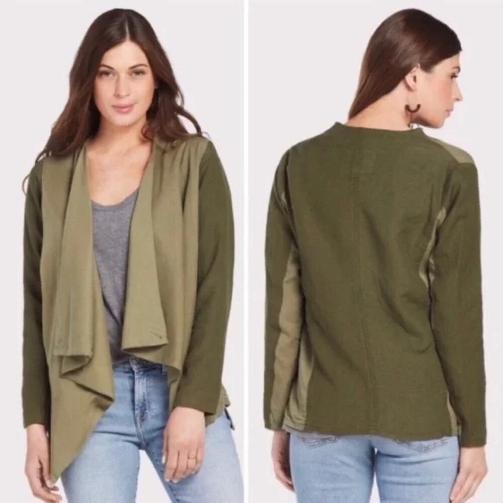 Blank NYC Draped Open Front Jacket Womens Small Olive Green Linen Blend